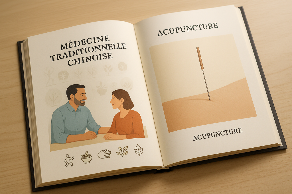 Livre ouvert sur une table en bois clair qui montre du côté gauche un homme et une femme avec les piliers de la PTC et du côté gauche une aiguille d'acupuncture dans la peau