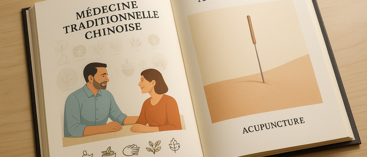 Livre ouvert sur une table en bois clair qui montre du côté gauche un homme et une femme avec les piliers de la PTC et du côté gauche une aiguille d'acupuncture dans la peau