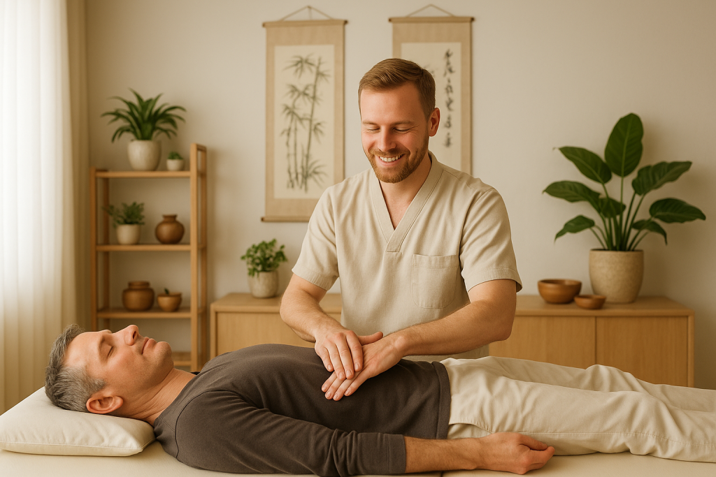 Praticien dans un cabinet de MTC pratiquant un massage sur le ventre d'un homme allongé.