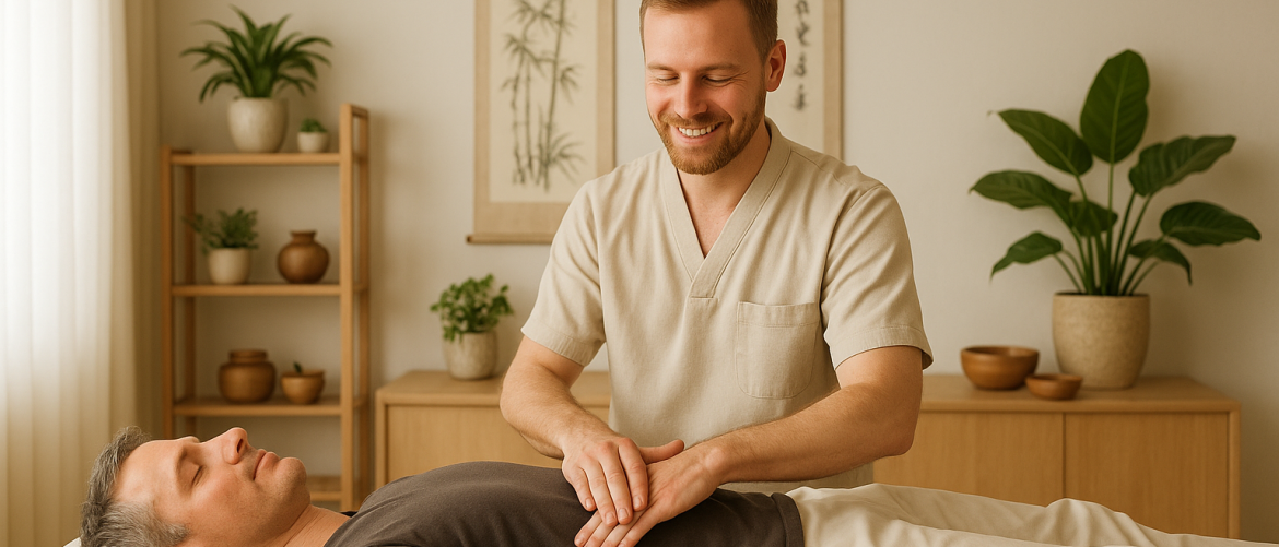 Praticien dans un cabinet de MTC pratiquant un massage sur le ventre d'un homme allongé.