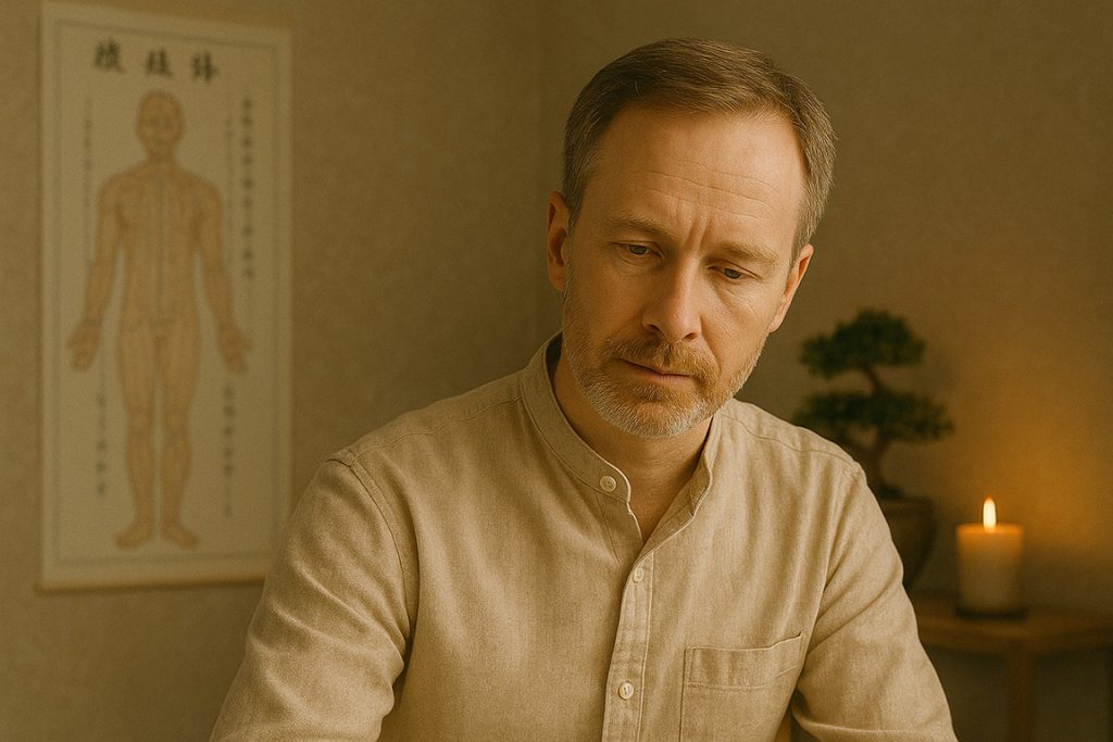 Homme caucasien praticien en MTC concentré sur fond beige zen